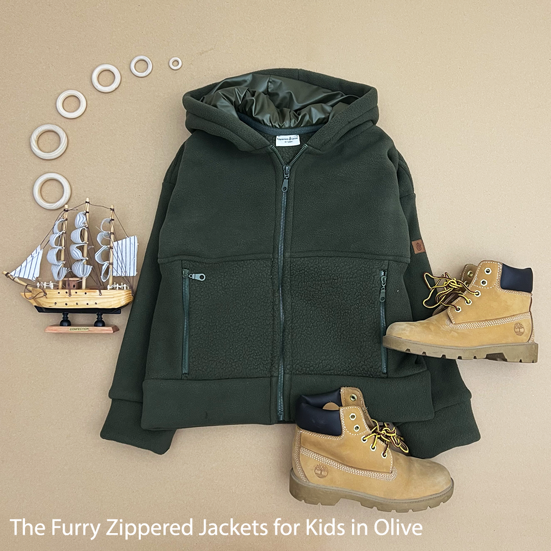 The Furry Zippered Kids Jacket in Olive