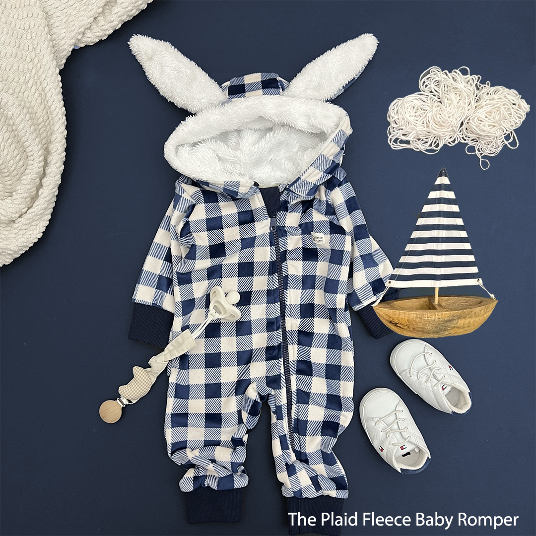 The Plaid Plush Fleece Baby Romper In Blue