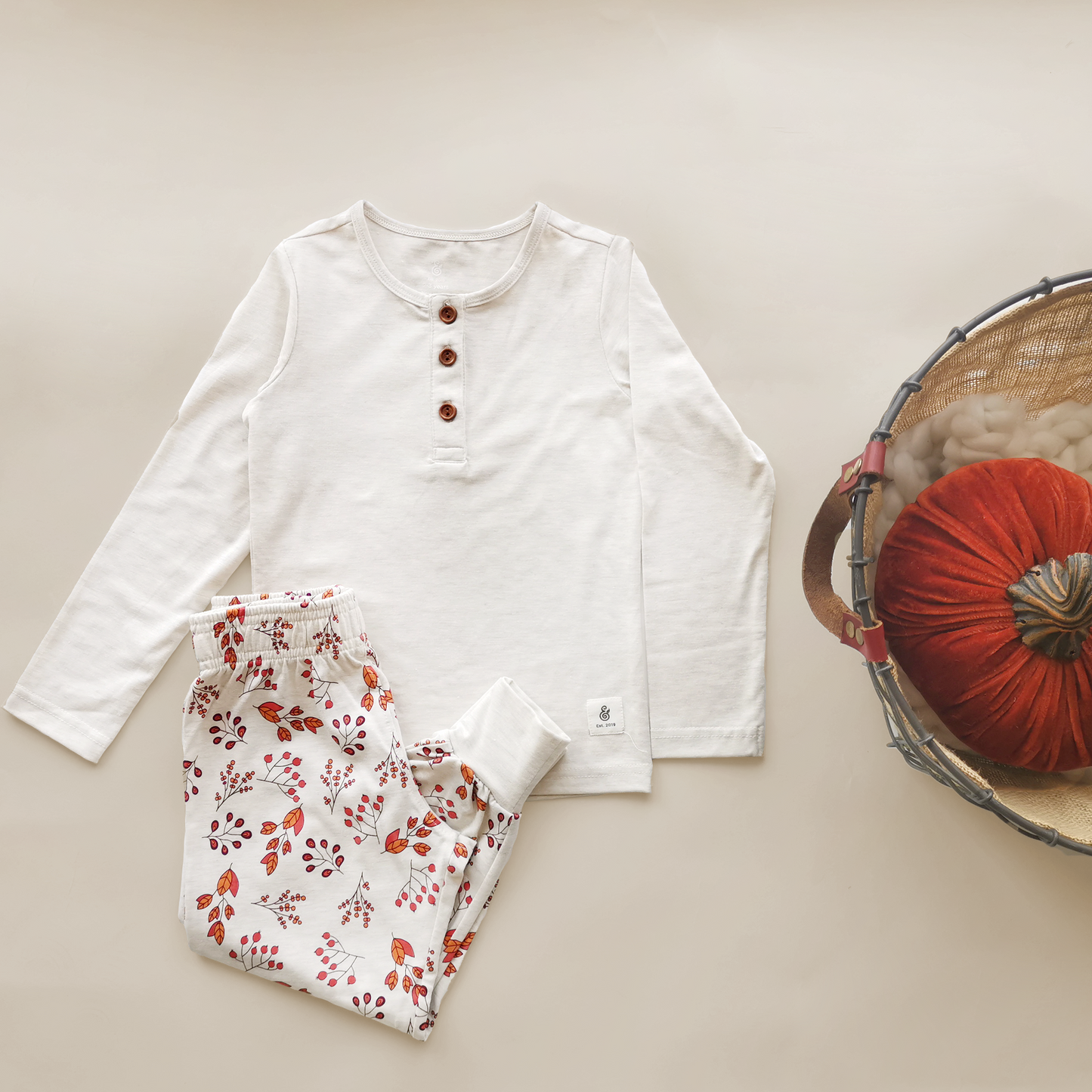 Floral Fall Pajama Set in Light Heather Beige (Long Sleeves + Pants)