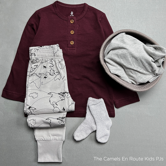 The Camels En Route Fall Kids PJ in Burgundy and Gray