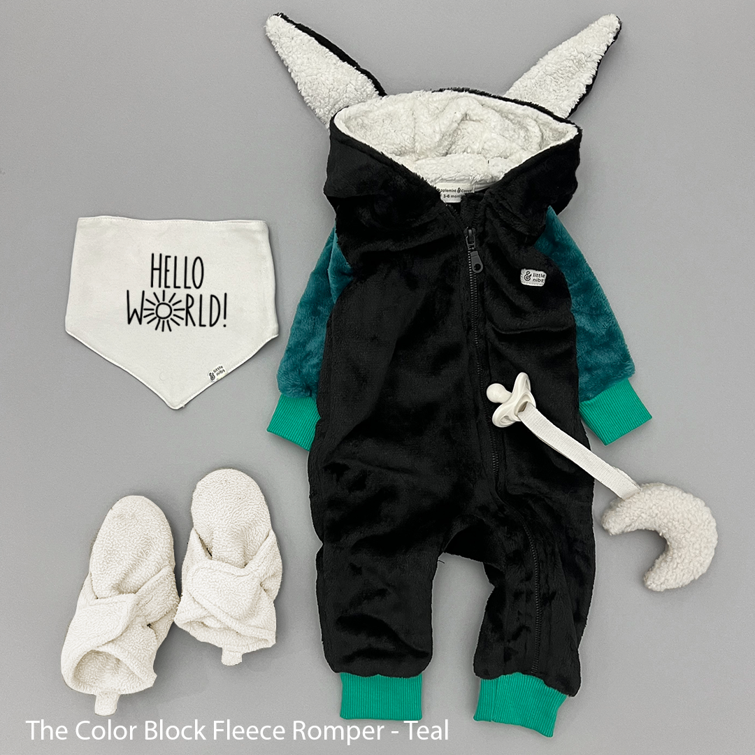 The Color Block Plush Fleece Baby Romper In Teal