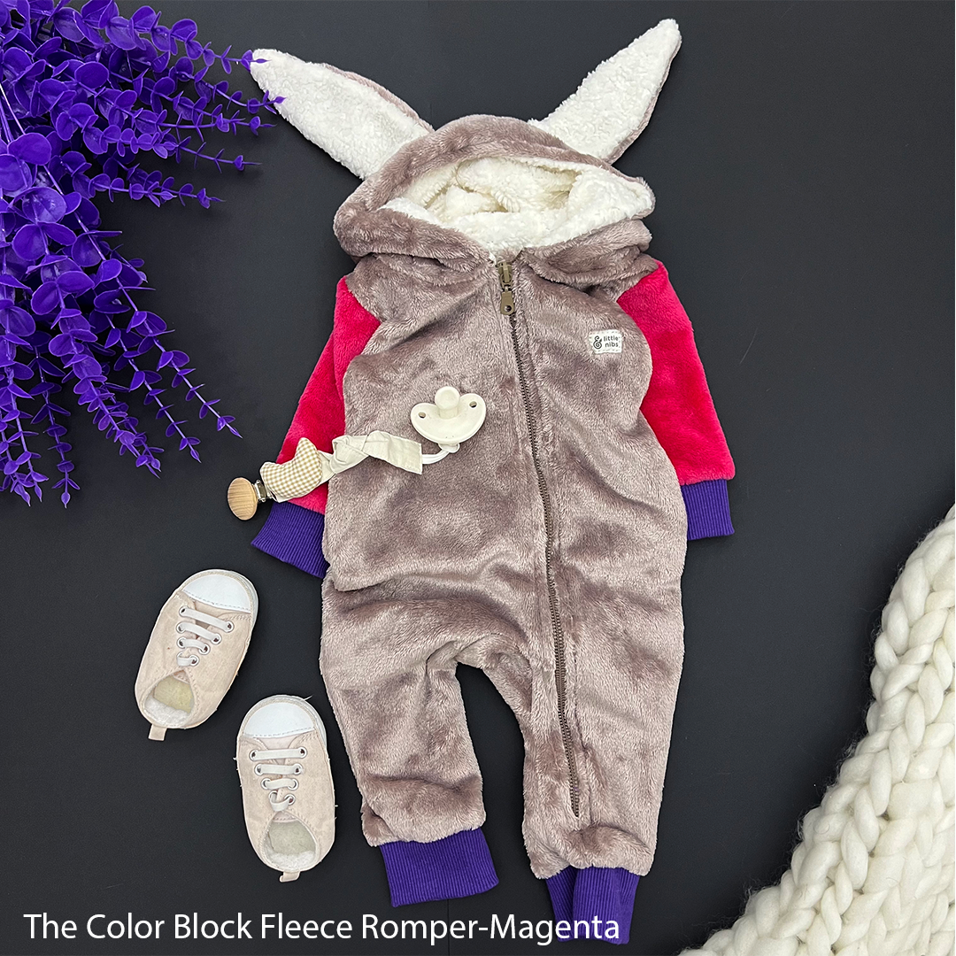 The Color Block Plush Fleece Baby Romper In Magenta