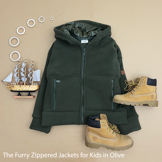 The Furry Zippered Kids Jacket in Olive