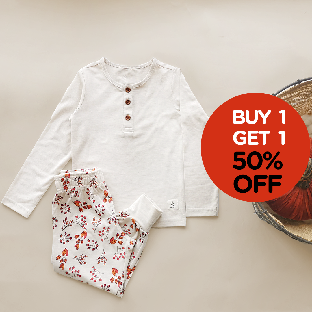 Floral Fall Pajama Set in Light Heather Beige (Long Sleeves + Pants)