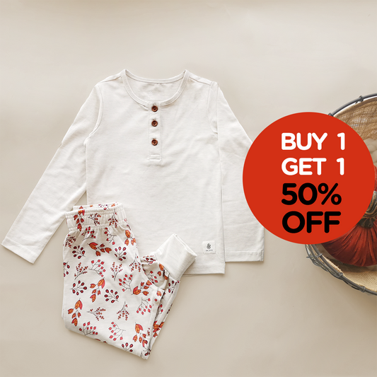 Floral Fall Pajama Set in Light Heather Beige (Long Sleeves + Pants)