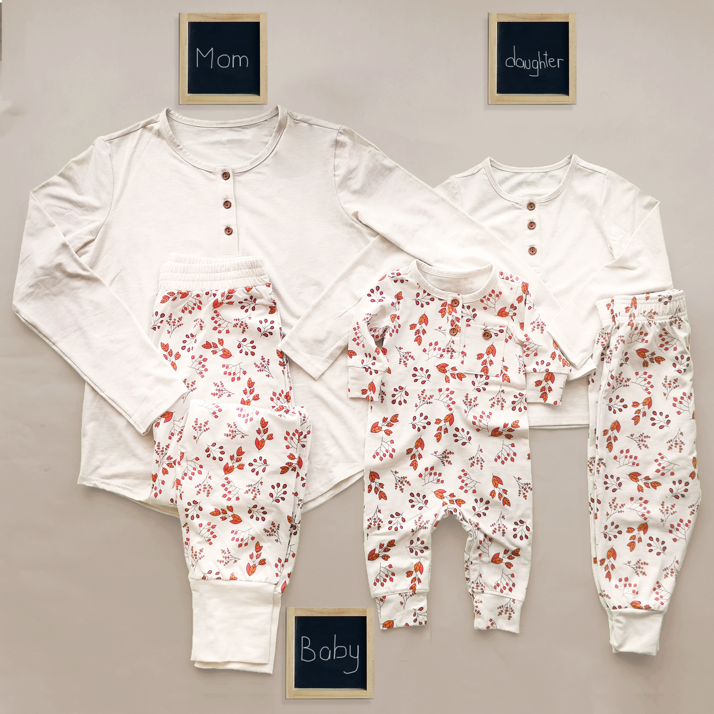 Floral Fall Pajama Set in Light Heather Beige (Long Sleeves + Pants) (Adult PJs ONLY)