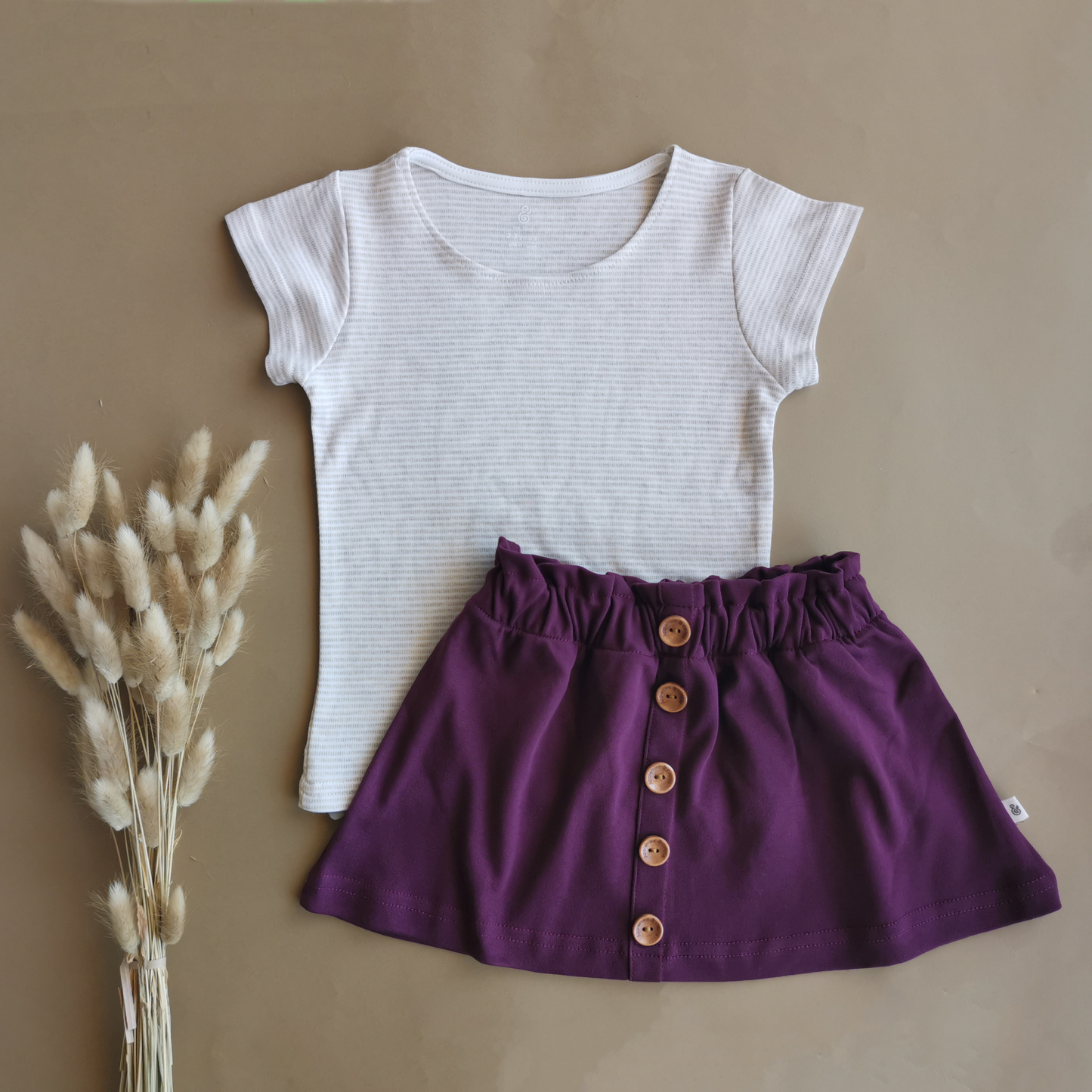 Solid Skirt Set in Aubergine and Striped Cream