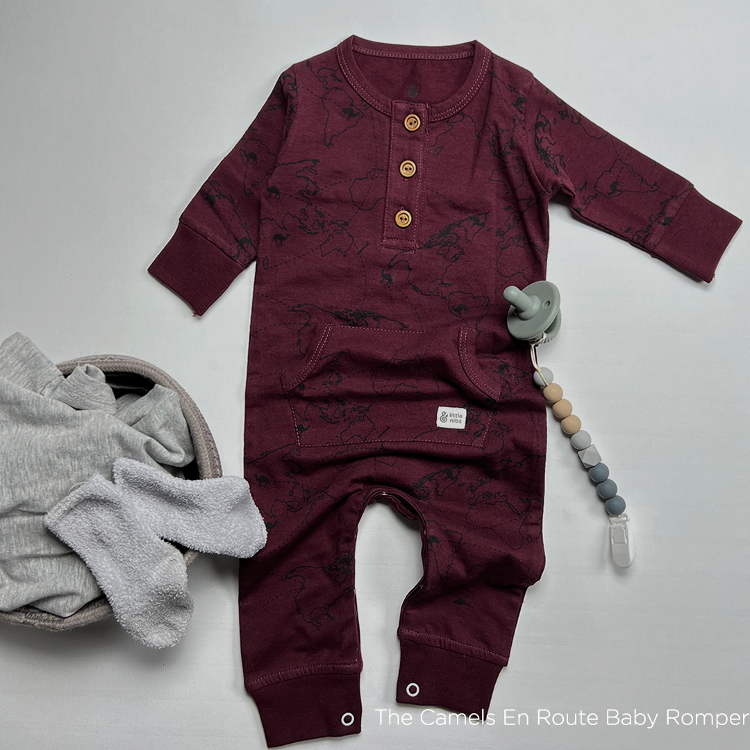 The Camels En Route Fall Baby Romper in Burgundy and Gray