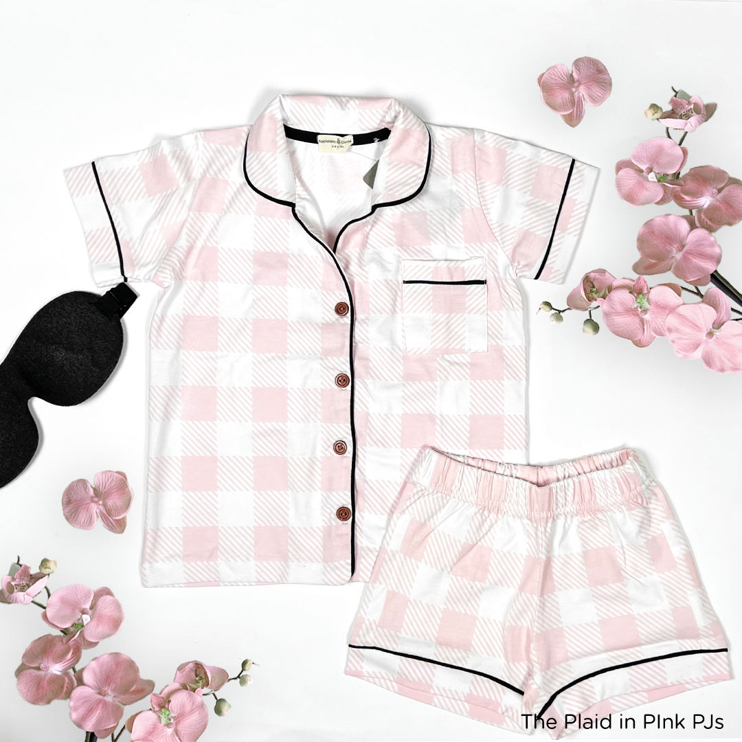 The Plaid Button Down Girls PJs in White and Pink